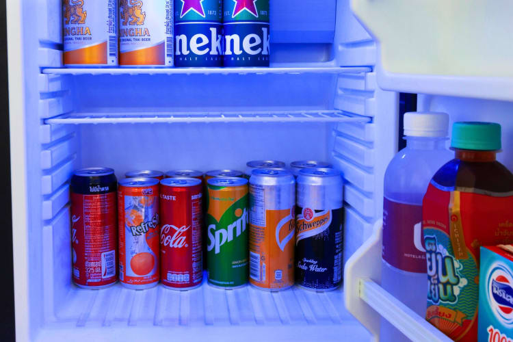 A drinks fridge filled with the lowest sugar sodas.