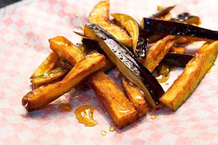 Eggplant strips covered in honey