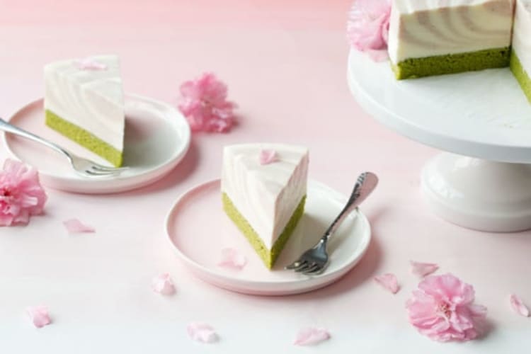 sakura matcha mousse cake is an elegant asian dessert