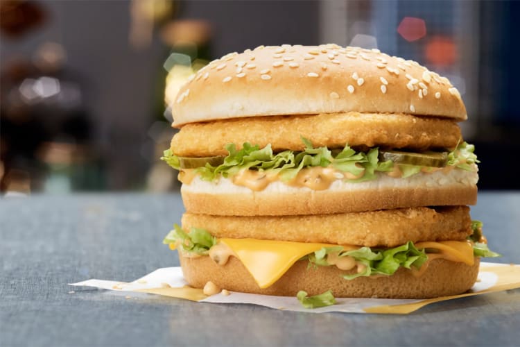 A McDonald’s Chicken Big Mac with two chicken patties on a table