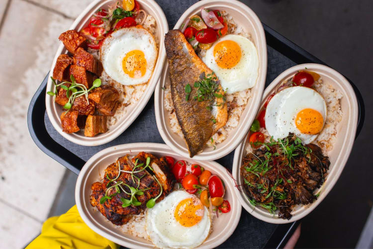 four plates of silog, a rice and eggs dish