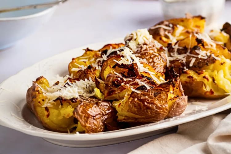 A plate full of smashed red potatoes topped with grated cheese