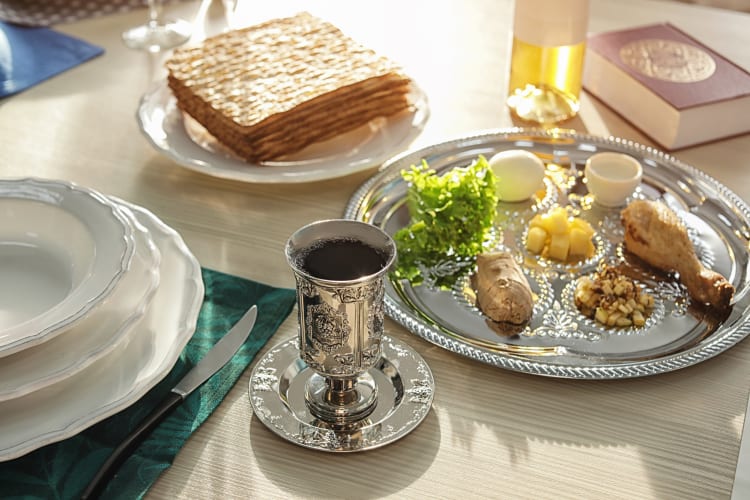 Traditional foods and drinks on display for a Passover meal
