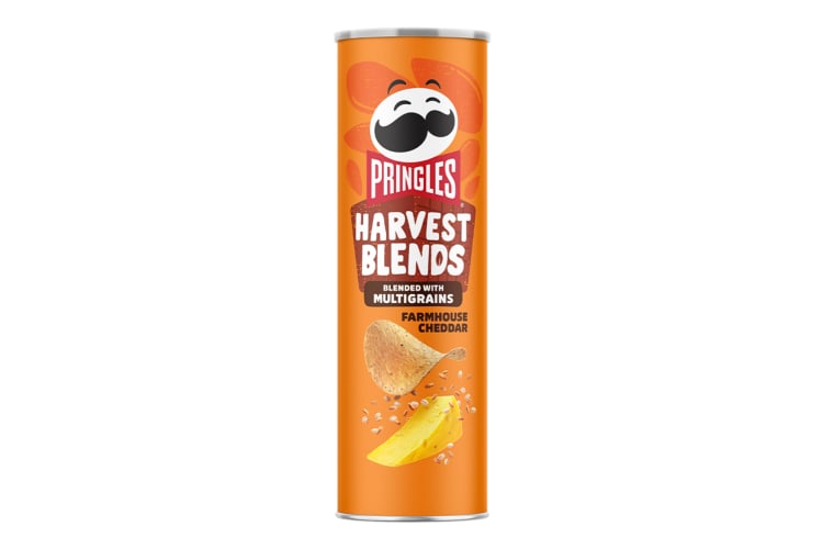 A tube of Harvest Blends Farmhouse Cheddar Pringles