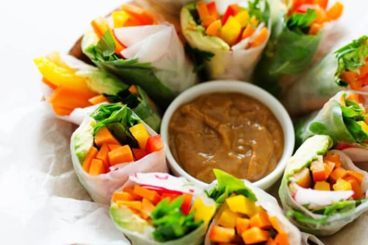 vegan rainbow spring rolls are an eye catching vegan appetizer