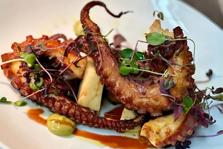Octopus, eggplant, chickpea and brine