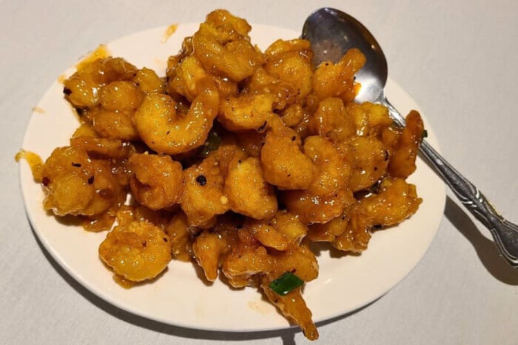 A plate full of slippery shrimp from Yang Chow Restaurant in Chinatown, Los Angeles