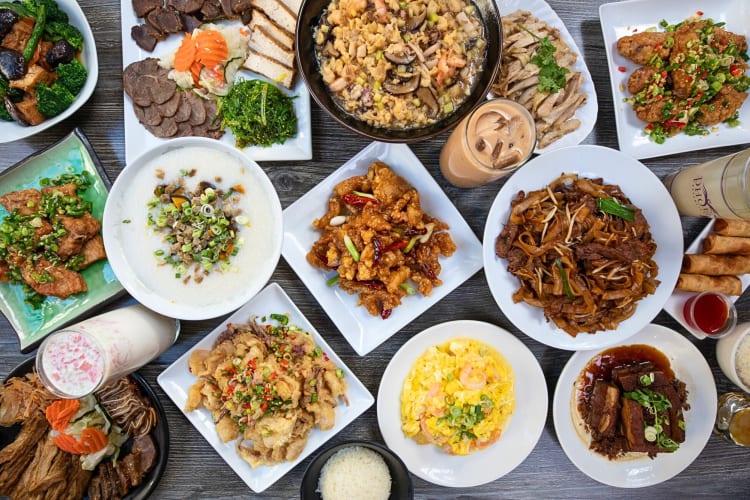 Aerial view of a variety of food and drinks