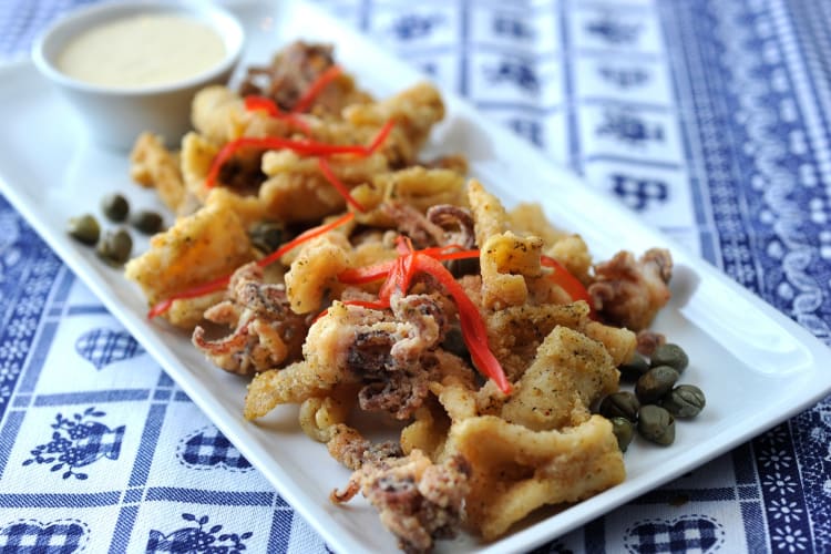 Fried seafood served with sauce