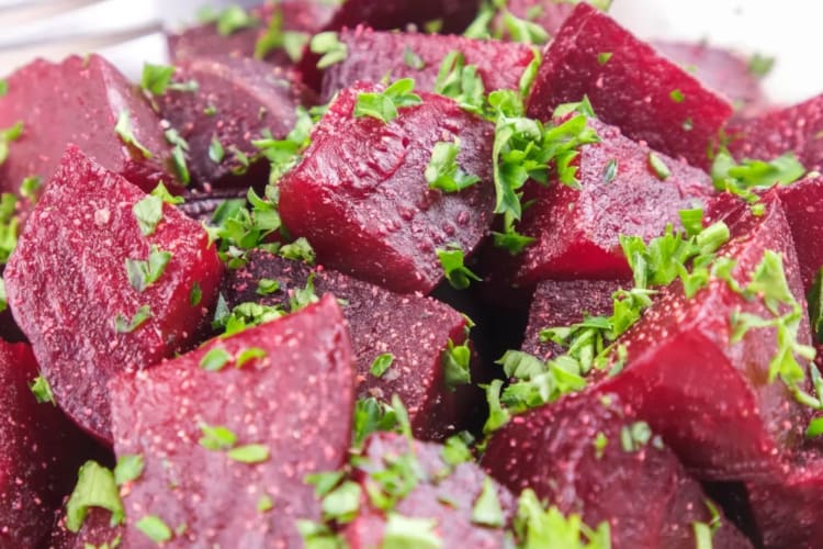 Some cooked beetroot squares.