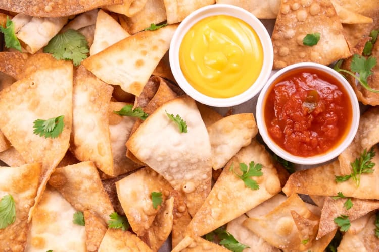 Air-fryer tortilla chips with dips.