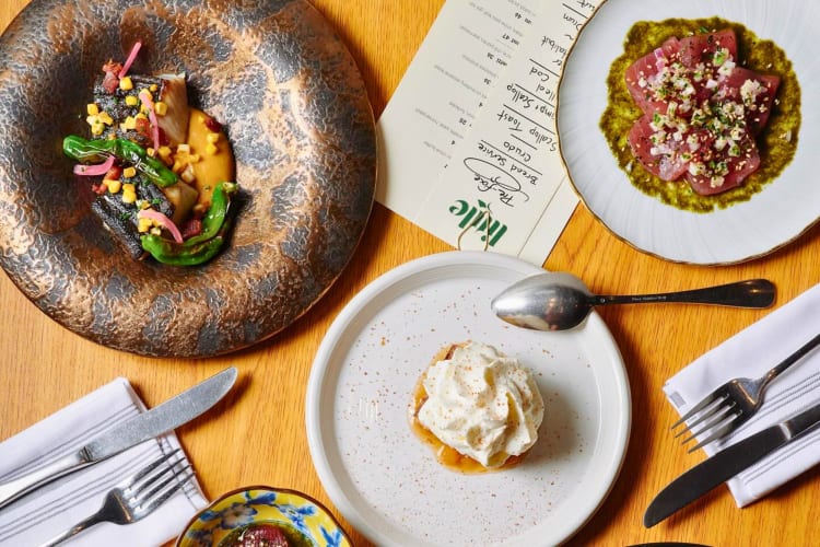 Seafood dishes on a table.