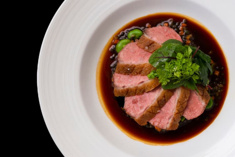 Duck breast served on a red wine and pomegranate sauce