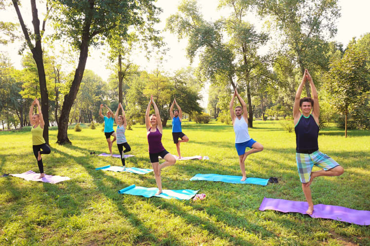 Seven people doing outdoor yoga — a great idea for a team building activity in San Antonio
