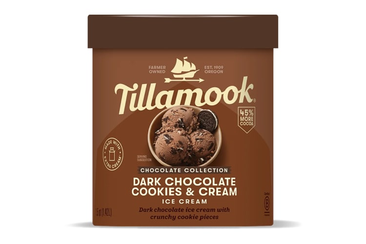 A tub of the Dark Chocolate Cookies and Cream Tillamook ice cream flavor