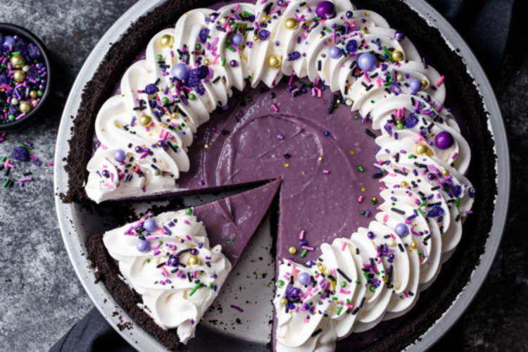 ube coconut pie is an elegant way to bring a pop of color to halloween desserts