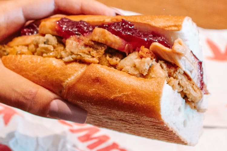 A hand holding a Hot Gobbler Wawa hoagie