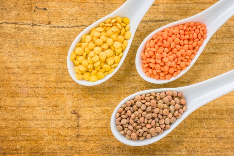 Three spoons with different colored lentils in them