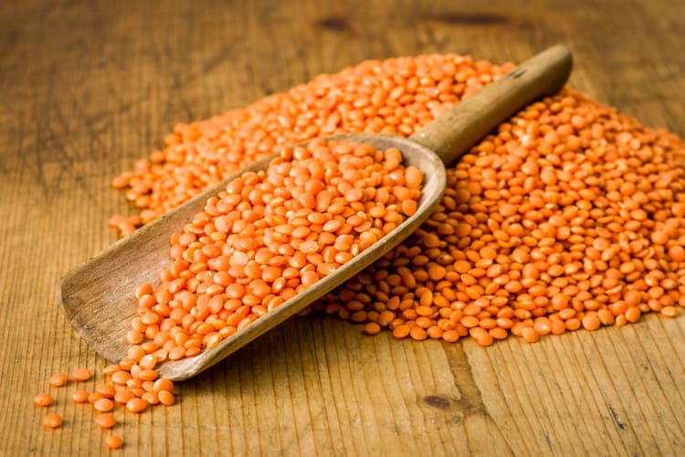 What are lentils? A wooden scoop with red lentils.