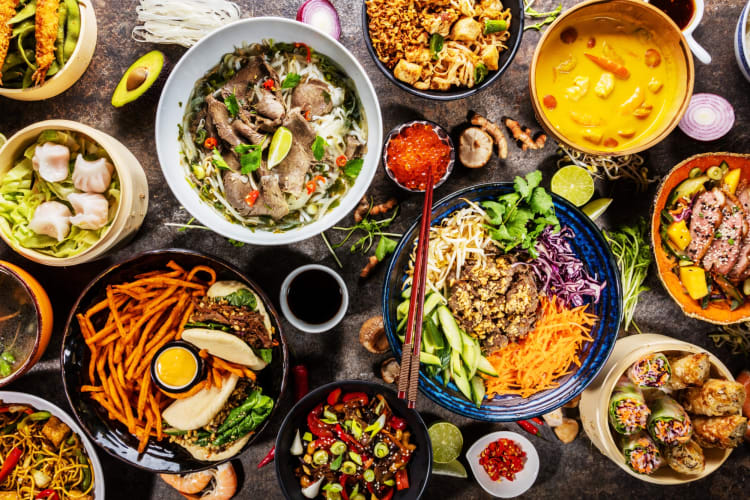 A selection of colorful dishes on a table