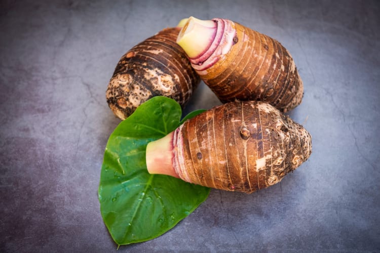 three taro roots and a green leaf on a gray surface