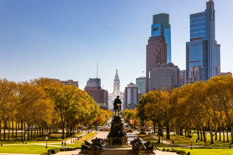 The Philadelphia skyline is viewed during sunset at Citizens Bank