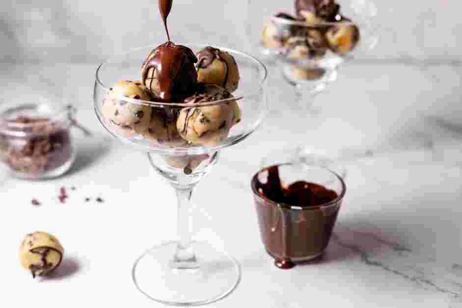 Vegan Cookie Dough Recipe: Make the chocolate sauce by heating the chocolate and coconut oil in the microwave.