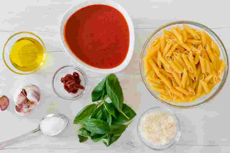 Penne Pomodoro Recipe: Bring a large pot of water to a boil and prepare all ingredients.