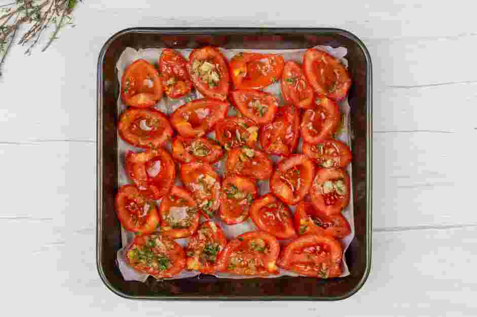 Tomato Confit Recipe: Place tomatoes skin side down on the baking sheet in a single layer.