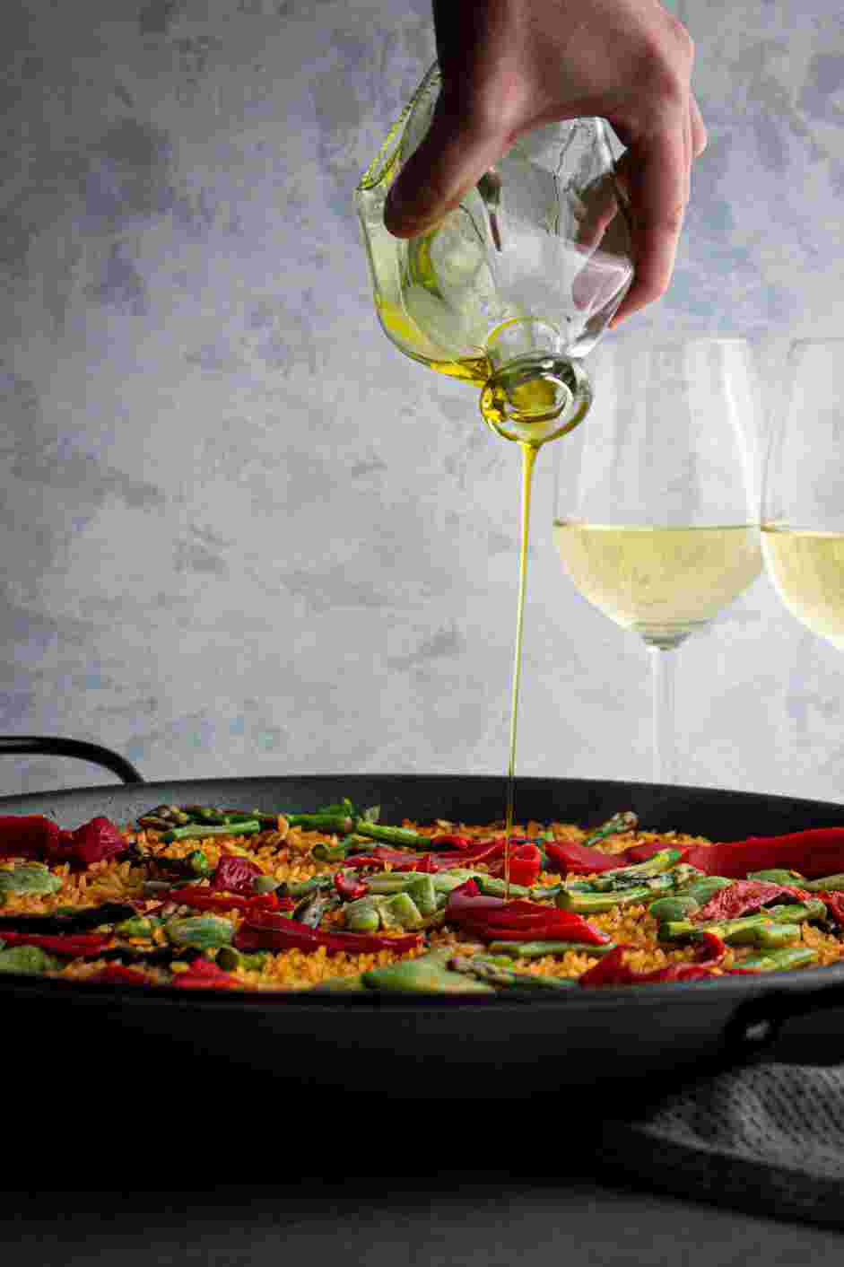 Vegan Paella Recipe: Serve vegan paella drizzled with additional Spanish olive oil.