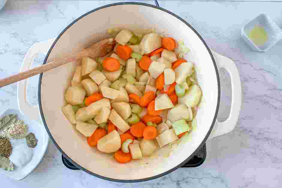 Vegan Potato Soup Recipe: Add the onion, celery and carrots to the oil and cook until softened.