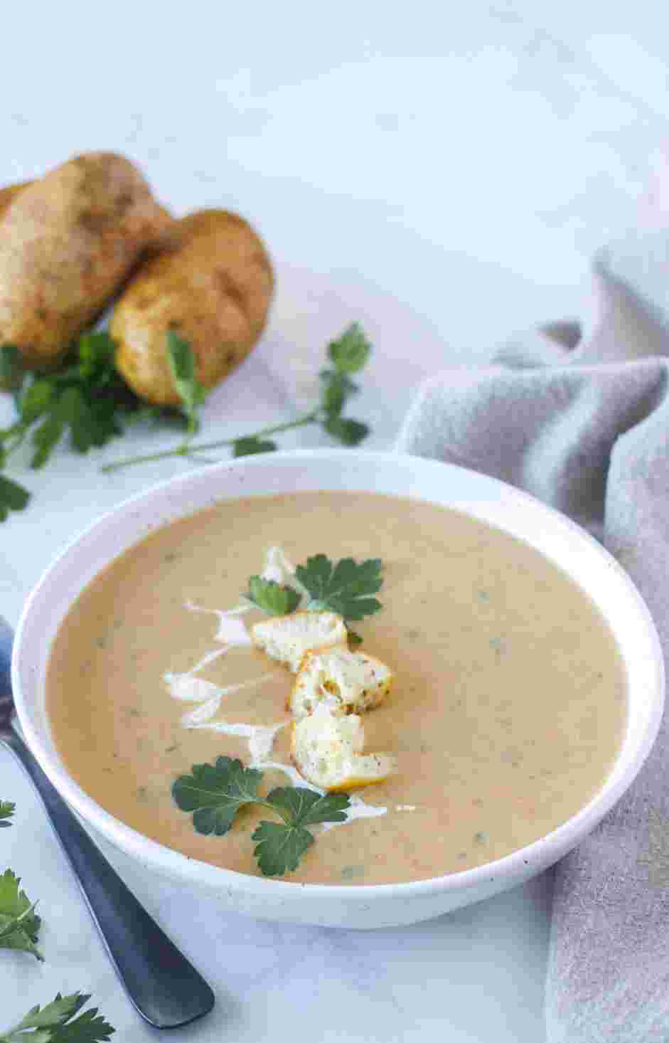 Vegan Potato Soup Recipe: Serve topped with additional fresh parsley and vegan croutons, if using.