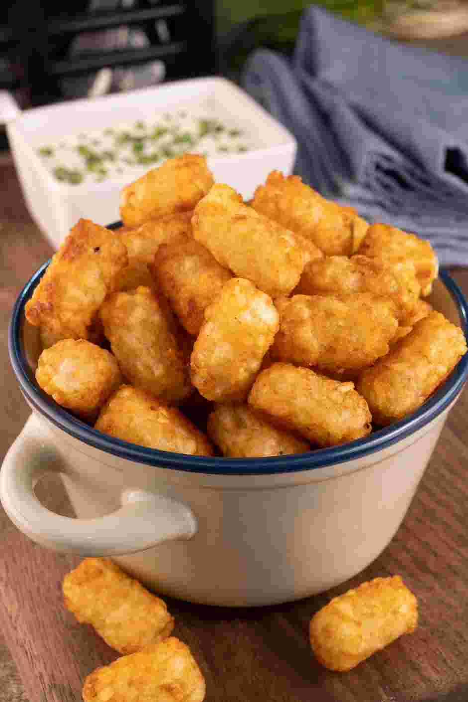 Air Fryer Tater Tots Recipe: Serve tater tots hot with ranch dip on the side.