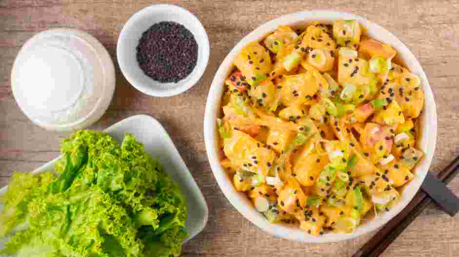 Korean Potato Salad Recipe: Top with sesame seeds and/or chopped green onions, if desired.