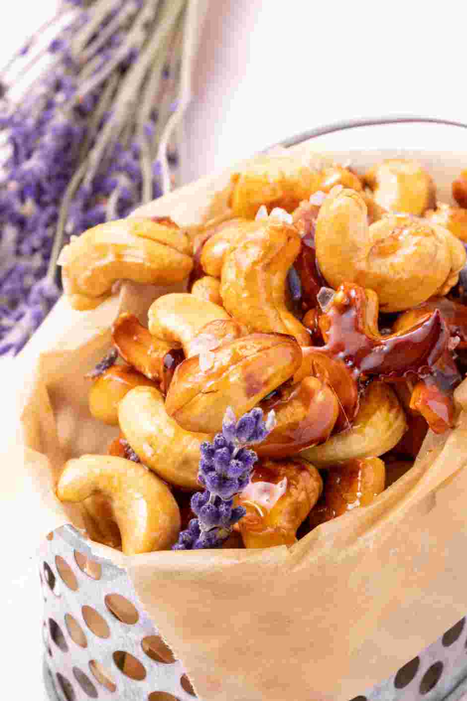 Honey Roasted Cashews Recipe: Garnish the honey roasted cashews with additional lavender.