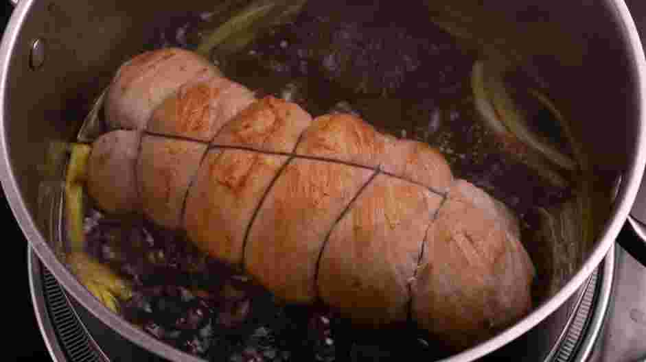 Chashu Pork Recipe: Add the pork belly into the pot, adding more water until the pork is barely submerged.