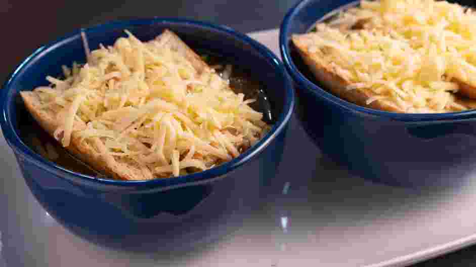 Vegetarian French Onion Soup Recipe: Top with a slice of French bread and shredded Gruyere.