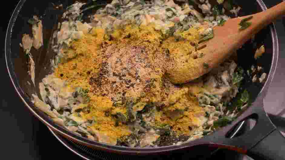 Vegan Artichoke and Spinach Dip Recipe: Season with nutritional yeast, garlic powder, black pepper, crushed red pepper flakes, paprika and lemon juice.