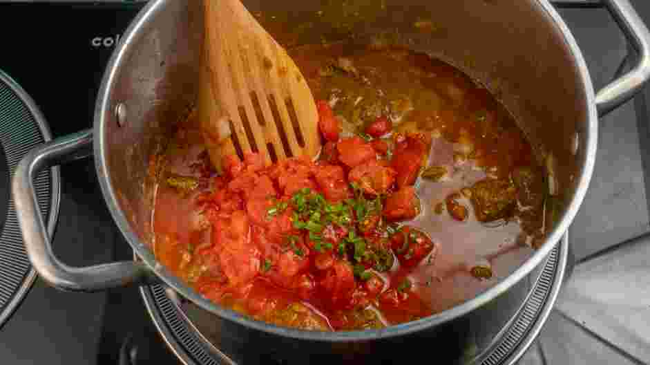 Lamb Vindaloo Recipe: Stir in the tomatoes, green chilies and water.