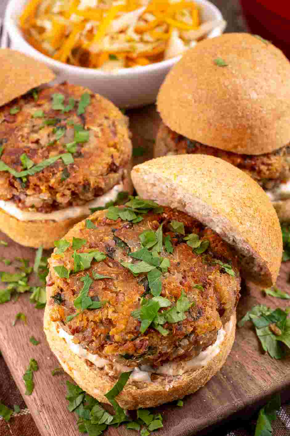 Quinoa Burger Recipe: Serve each quinoa burger over crisp lettuce, topped with chipotle aioli and avocado.