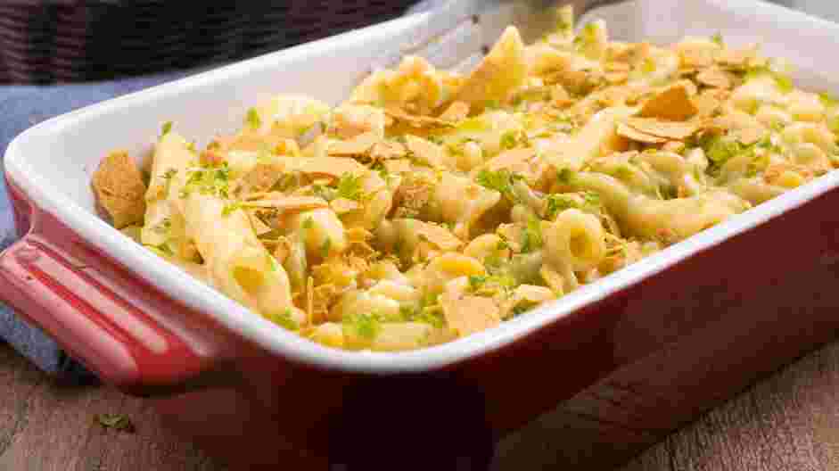 Southwestern Macaroni and Cheese Recipe: Transfer to a serving dish and top with crushed tortilla chips.