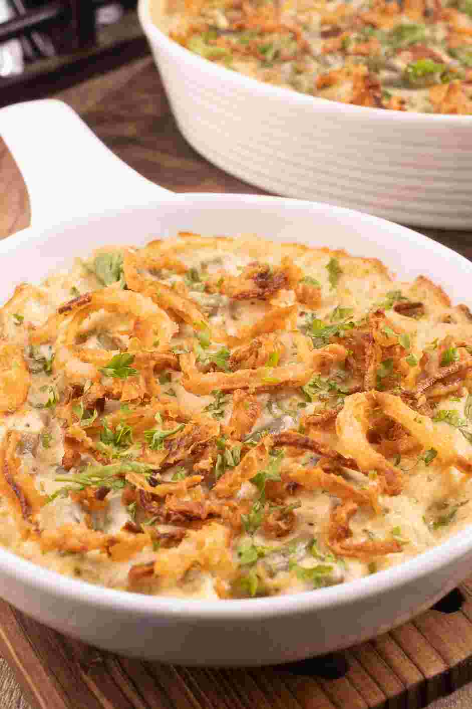 Keto Green Bean Casserole Recipe: Top the casserole with the fried onions and bake for an additional 5 minutes in the oven.