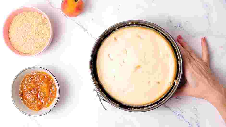 Peach Cobbler Cheesecake Recipe: Bake cheesecake at 325°F for 1 hour.