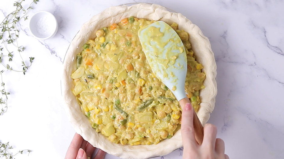 Vegan Pot Pie Recipe: Add the filling to the pie dough.