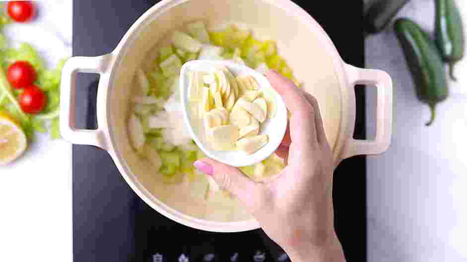 Vegan Stew Recipe: In a large pot over medium heat, add the oil, celery, diced onion and garlic.