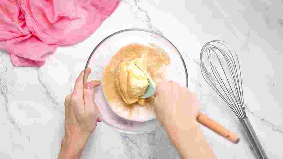 Raspberry Cake Recipe: In a medium mixing bowl, cream the butter, brown sugar and white sugar together until light and fluffy about 5 minutes.