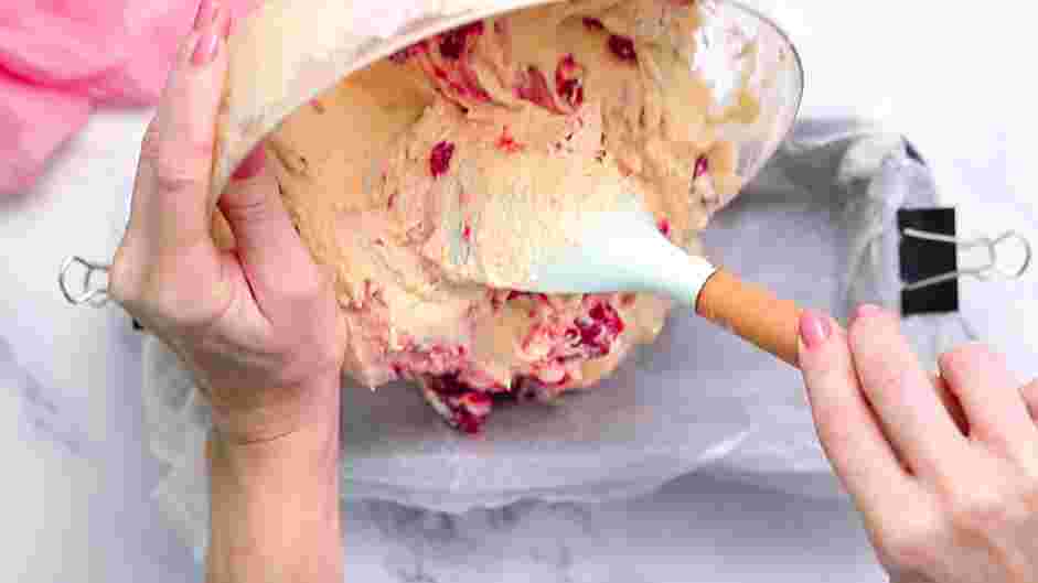 Raspberry Cake Recipe: Mix in the baking powder and fold in the raspberries.