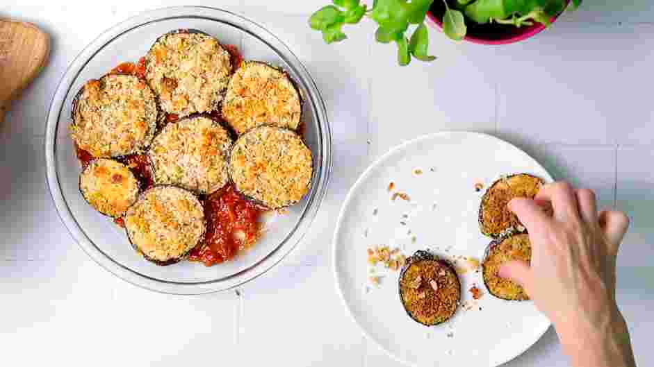 Vegan Eggplant Parmesan Recipe: Arrange the eggplant on the baking tray and bake at 375&deg;F for 15 minutes, or until tender and golden brown.