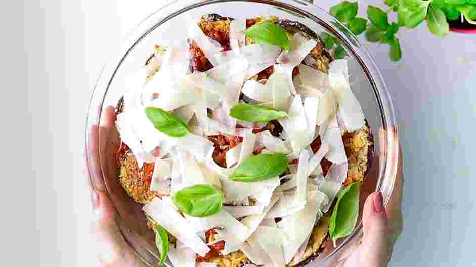 Vegan Eggplant Parmesan Recipe: Top with vegan cheese and garnish with basil if desired.