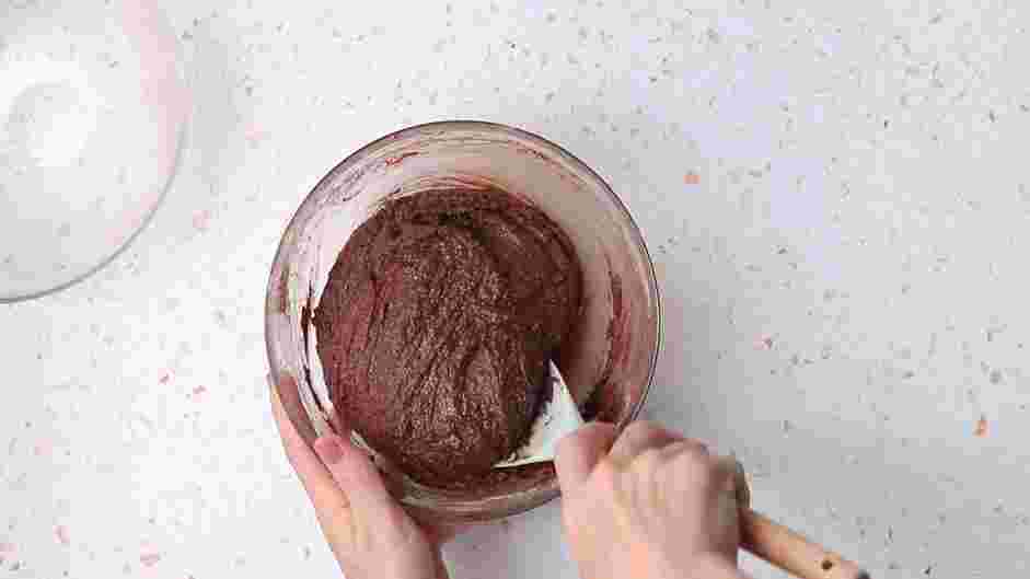 Gluten Free Chocolate Cake With Edible Flowers Recipe: With either a standing or a handheld mixer, beat eggs, butter, vegetable oil and rose water together until thoroughly combined.